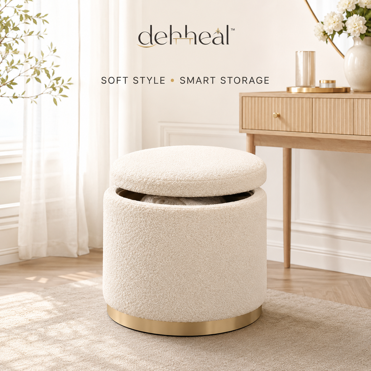 dehheal™ cream bouclé round storage ottoman with removable lid and gold-tone base