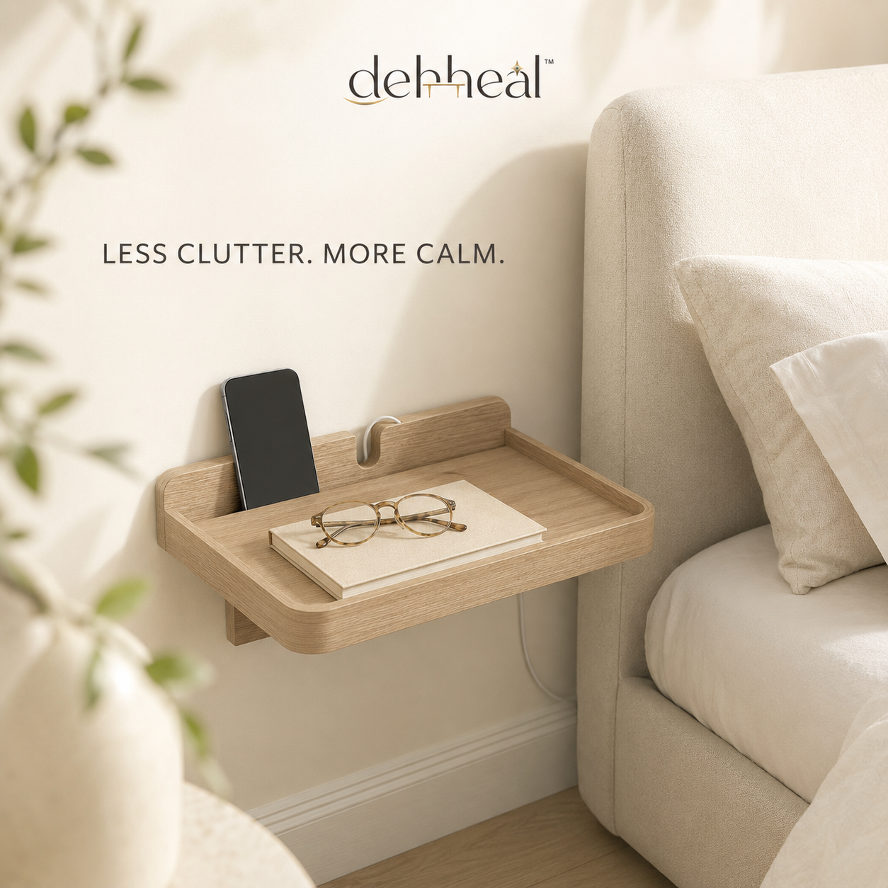 dehheal™ light oak floating bedside shelf with phone slot and cable opening