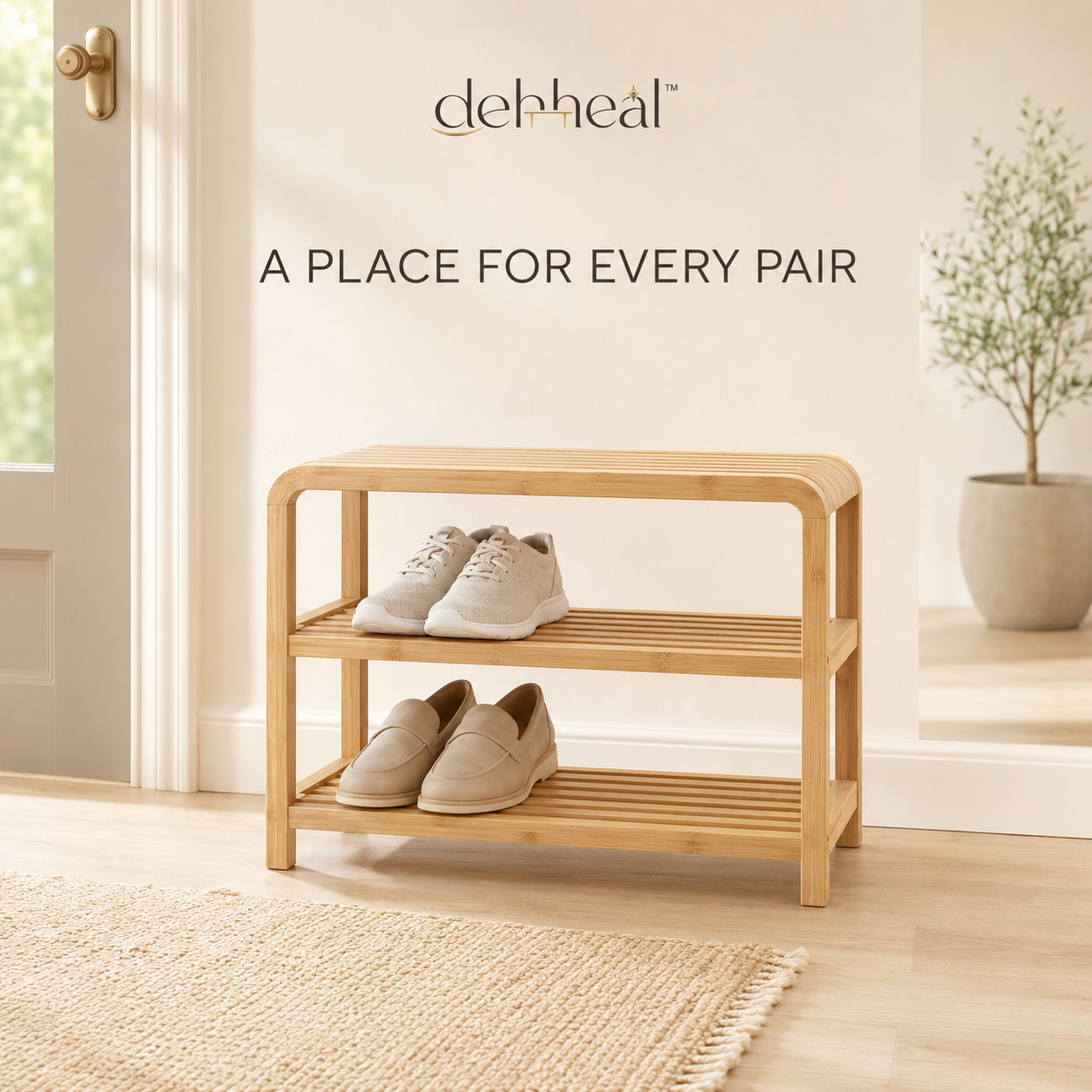 dehheal™ light bamboo two-tier stackable shoe rack in a bright entryway