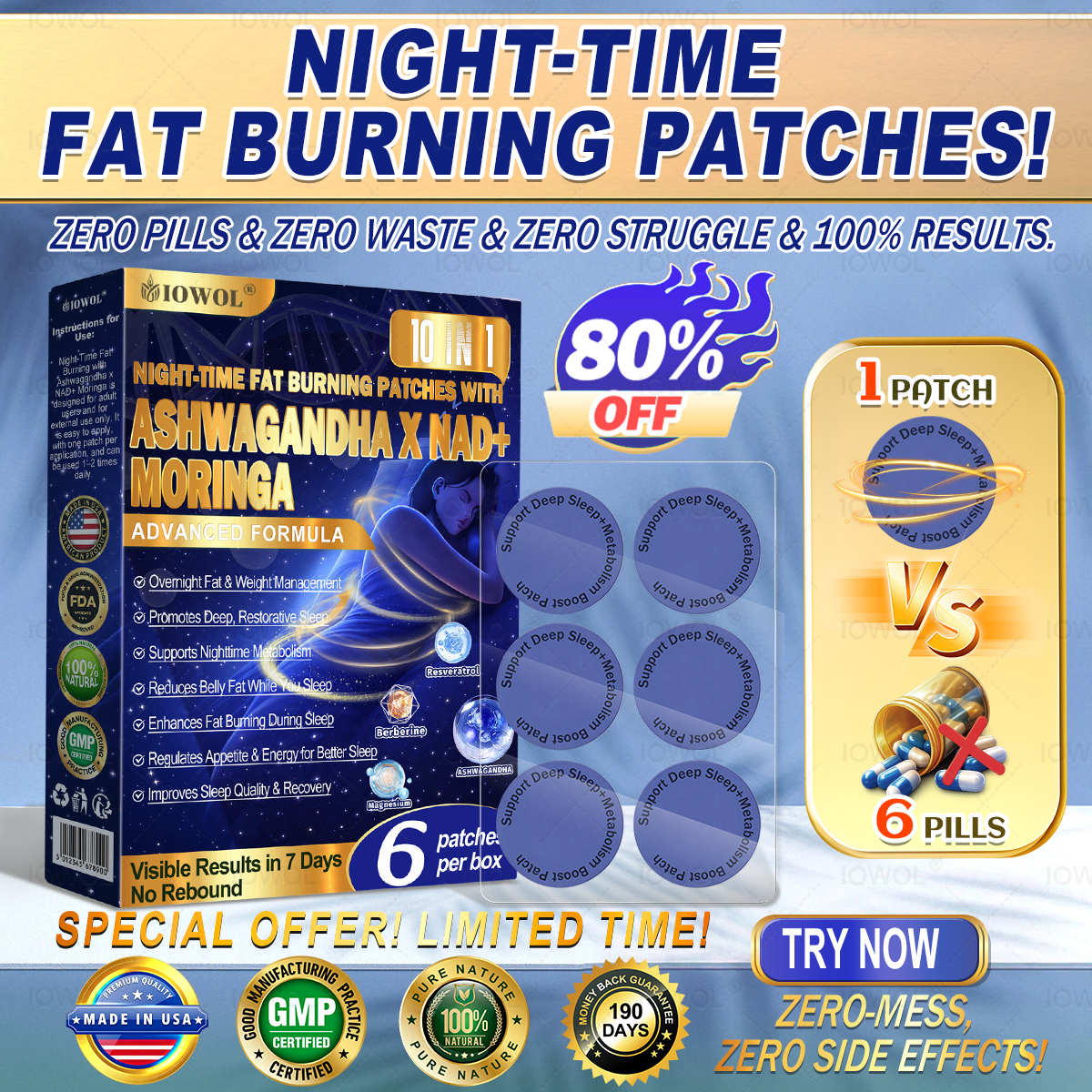 IOWOL® FETTVERBRENNUNGS-PFLASTER FÜR DIE NACHT! NULL TABLETTEN · NULL VERSCHWENDUNG · NULL AUFWAND · 100 % ERGEBNIS