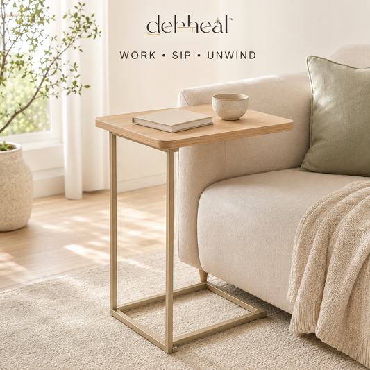 dehheal™ light oak C-shaped side table with slim champagne-tone frame beside a cream sofa