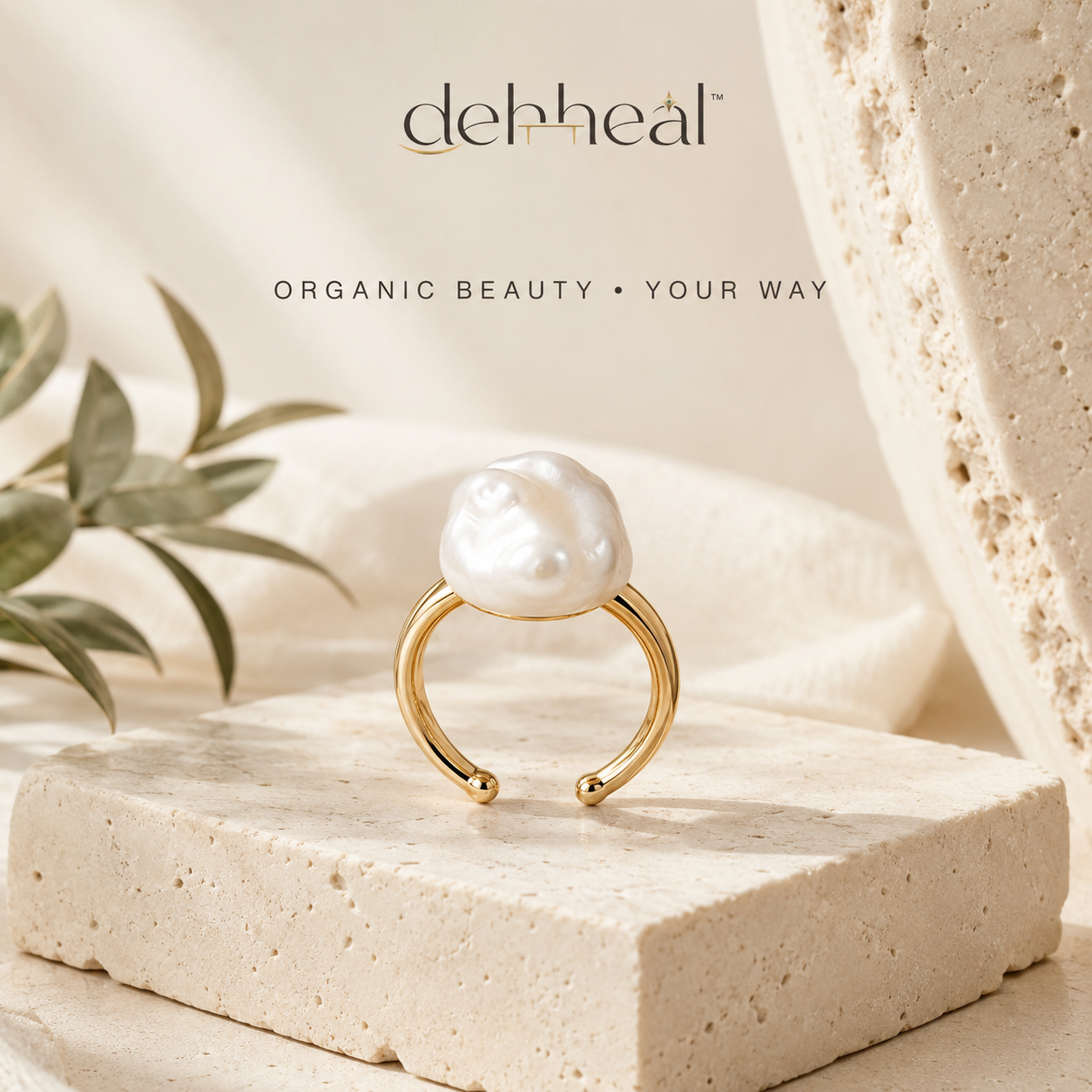 dehheal™ adjustable open gold-plated ring with an organic white baroque pearl