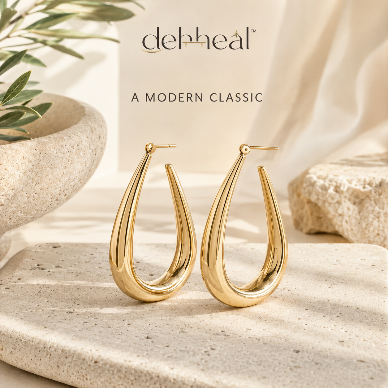 dehheal™ pair of polished sculptural gold hoop earrings with organic tapered curves