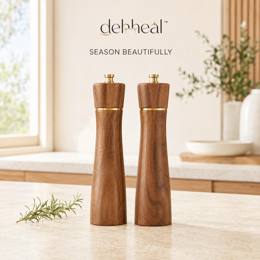 dehheal™ matching acacia wood salt and pepper mill set with gold accents