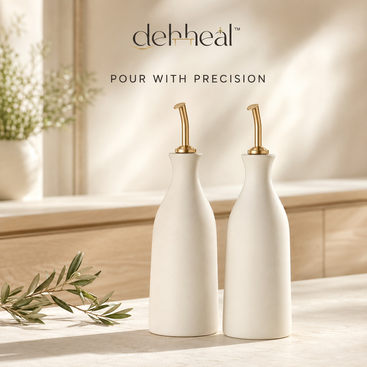 dehheal™ matte ceramic oil and vinegar dispenser bottle set with gold pour spouts