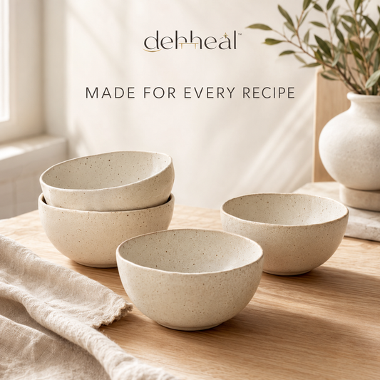 dehheal™ four-piece speckled stoneware ceramic prep bowl set in warm ivory