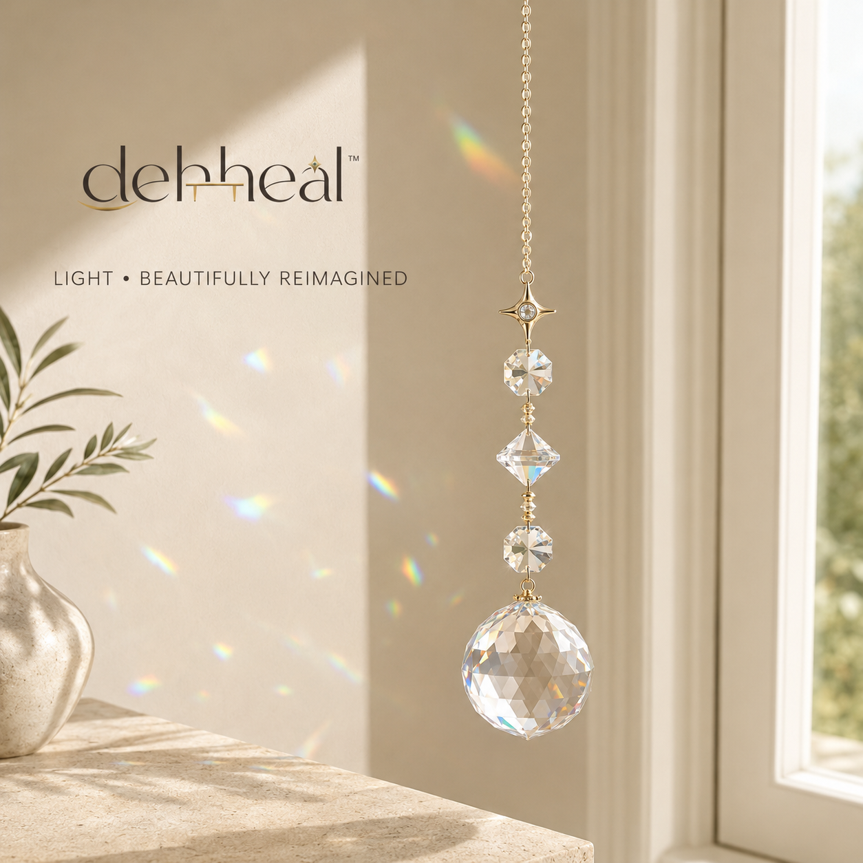 dehheal™ crystal sun catcher ornament with champagne-gold chain and hanging prisms